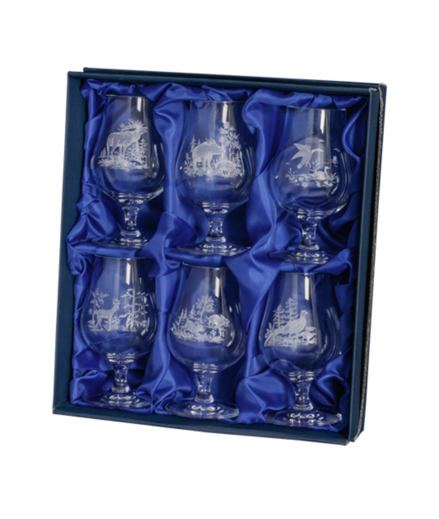 Likørkrystalglas med vildtmotiv