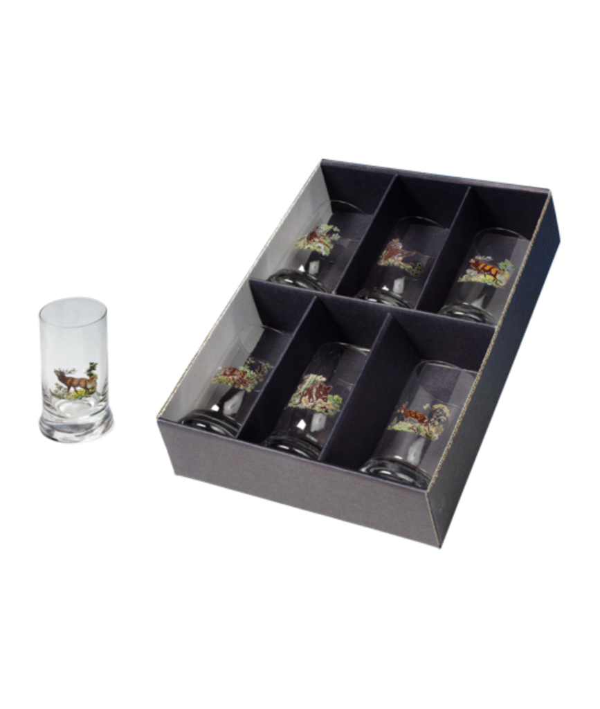 Snapsglas med vildtmotiv i farver