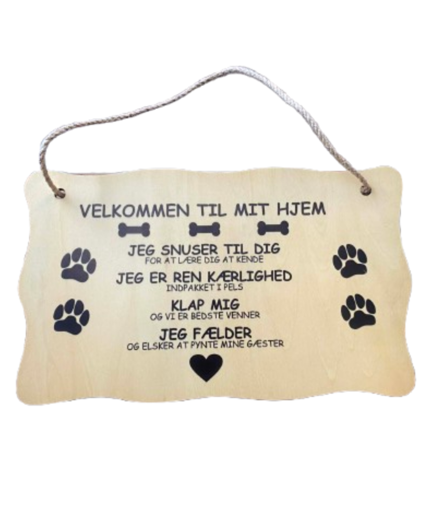 Træskilt med "Velkommen" tekst
