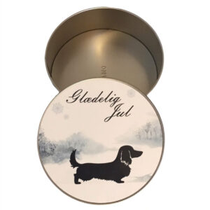 Kagedåse med motiv af Langhåret Gravhund