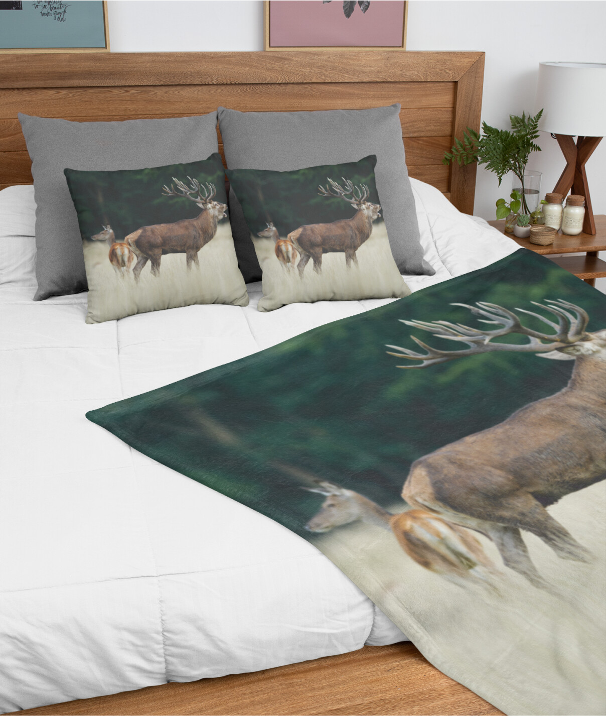 Sammenpak med fleece tæppe og puder - Kronhjorte par