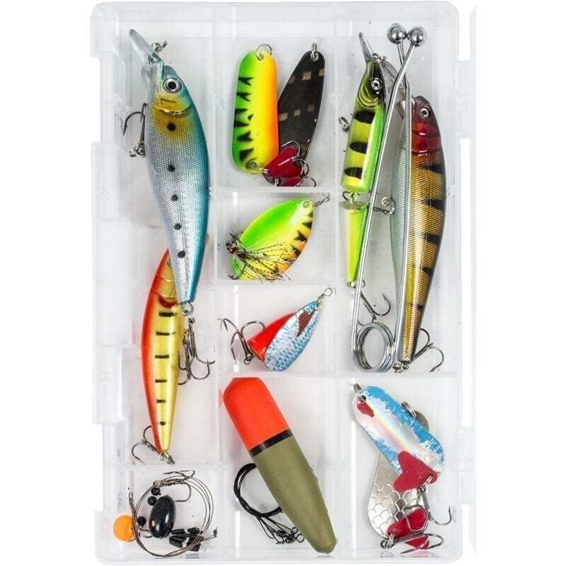 Geddekasse med lokkemad og tilbehør